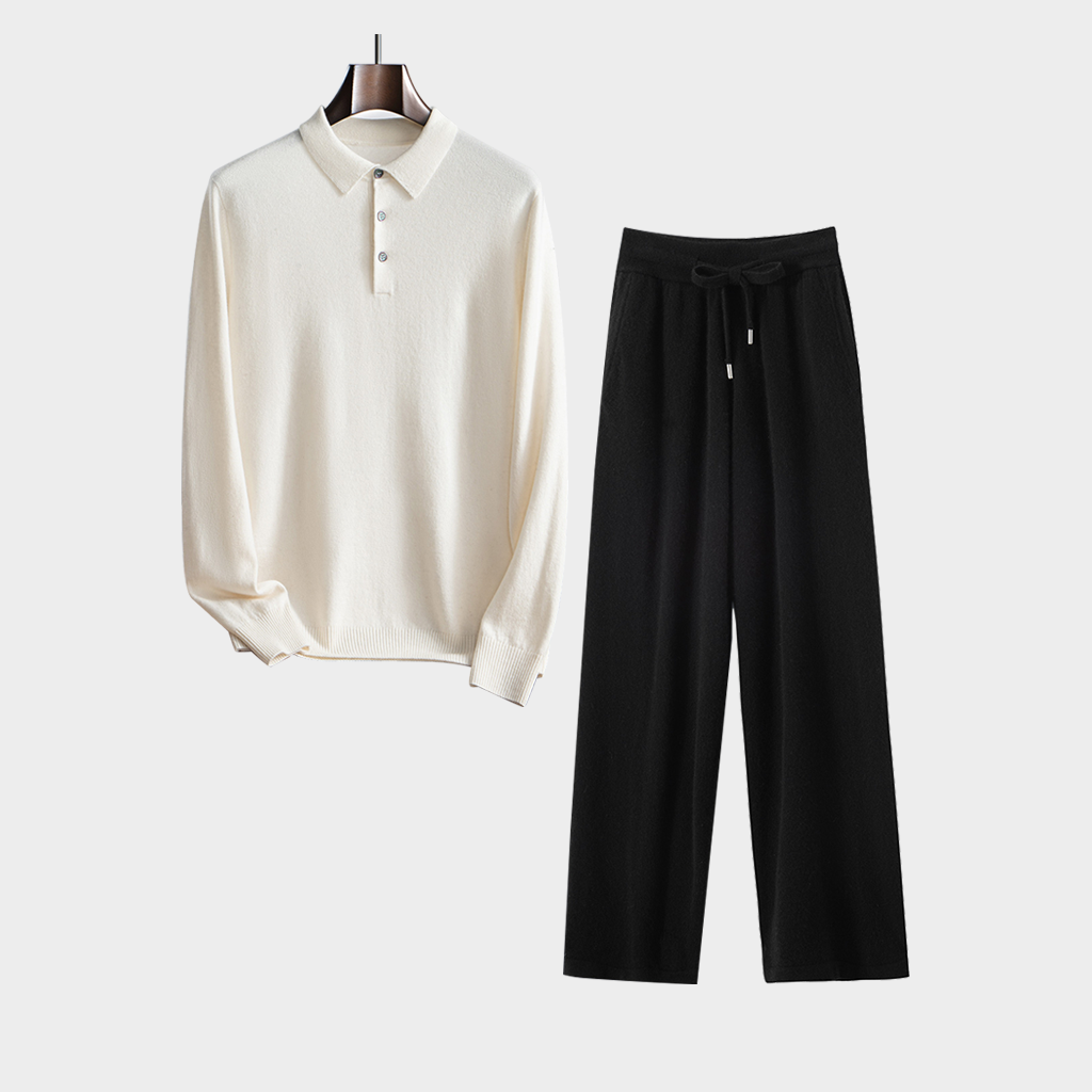 Men's Polo-Style Cashmere Sweater and Pants Set | Casual Outfit REAL SILK LIFE