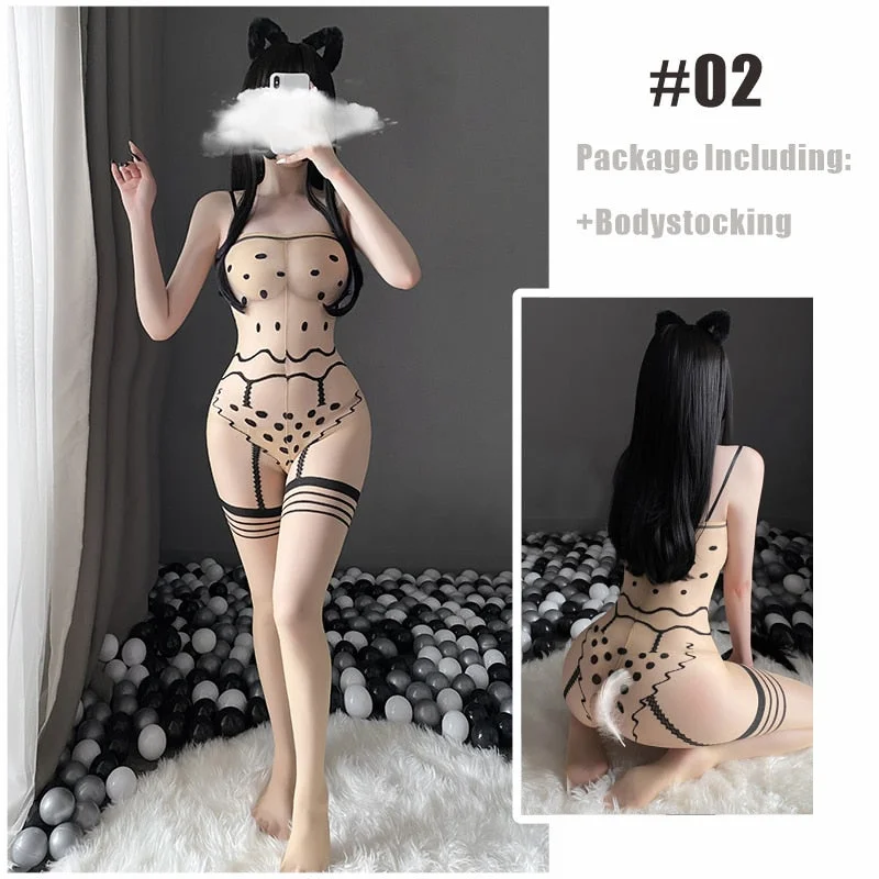 OJBK Women Lingerie Open Crotch Body Stocking Halter Porn Bodysuits Female Elasticity Mesh Hollow Pantyhose Cosplay Costumes New