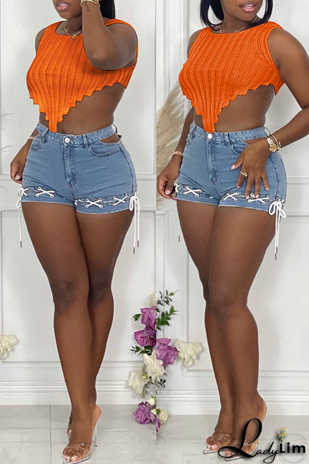 Orange Fashion Casual Solid Asymmetrical O Neck Tops