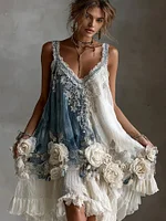 Women's Vintage Pink Rose Embroidery Art V-neck Suspender Mini Dress