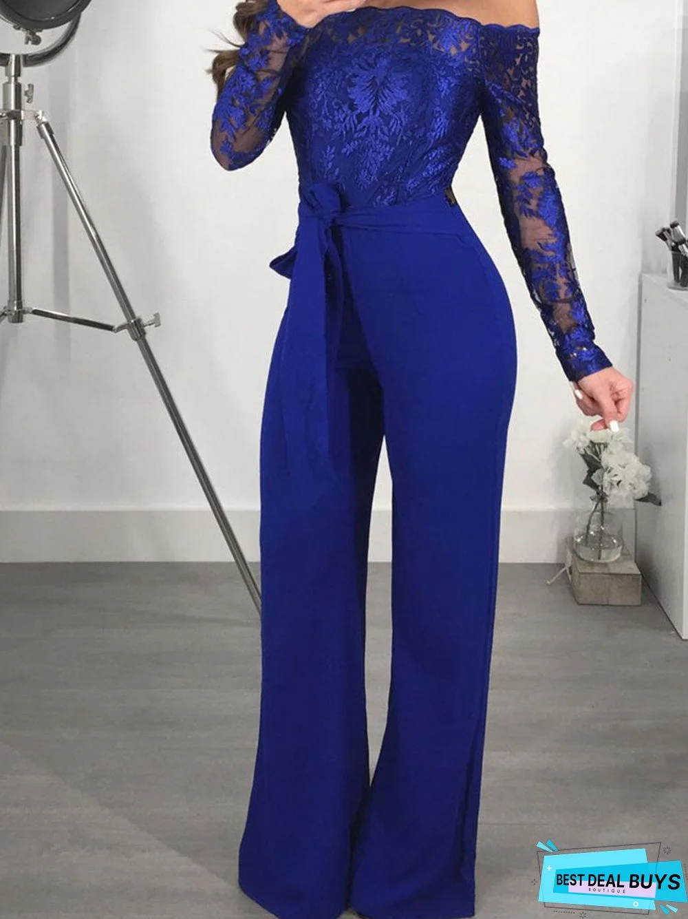 Floral Lace Long Sleeve Patchwork Belted Jumpsuits