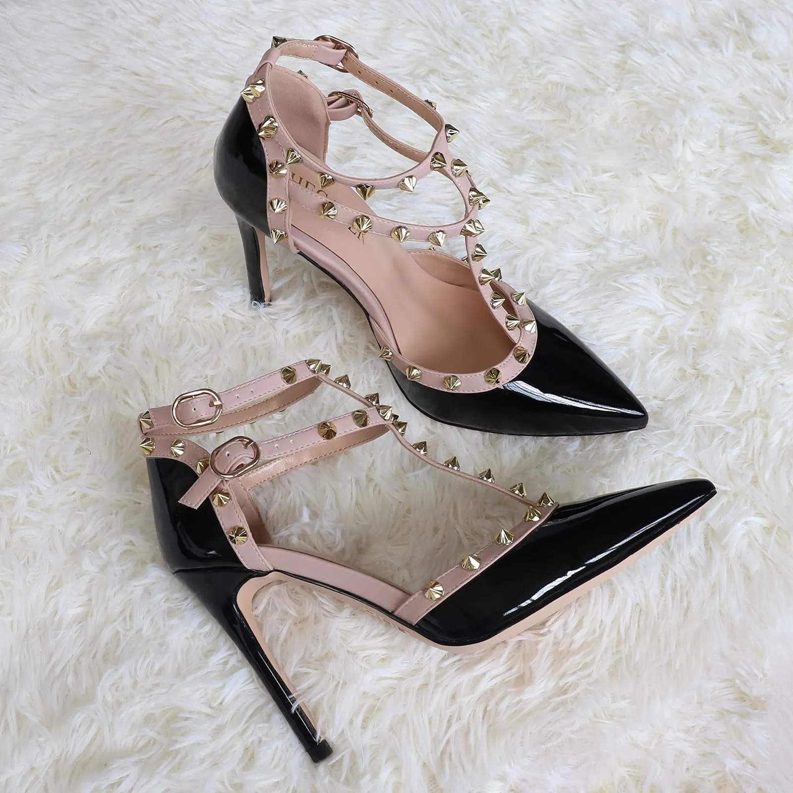 100mm Womens Pointed Toe Pumps Golden Point Rivets Ankle Strap Black Sandals-vocosishoes