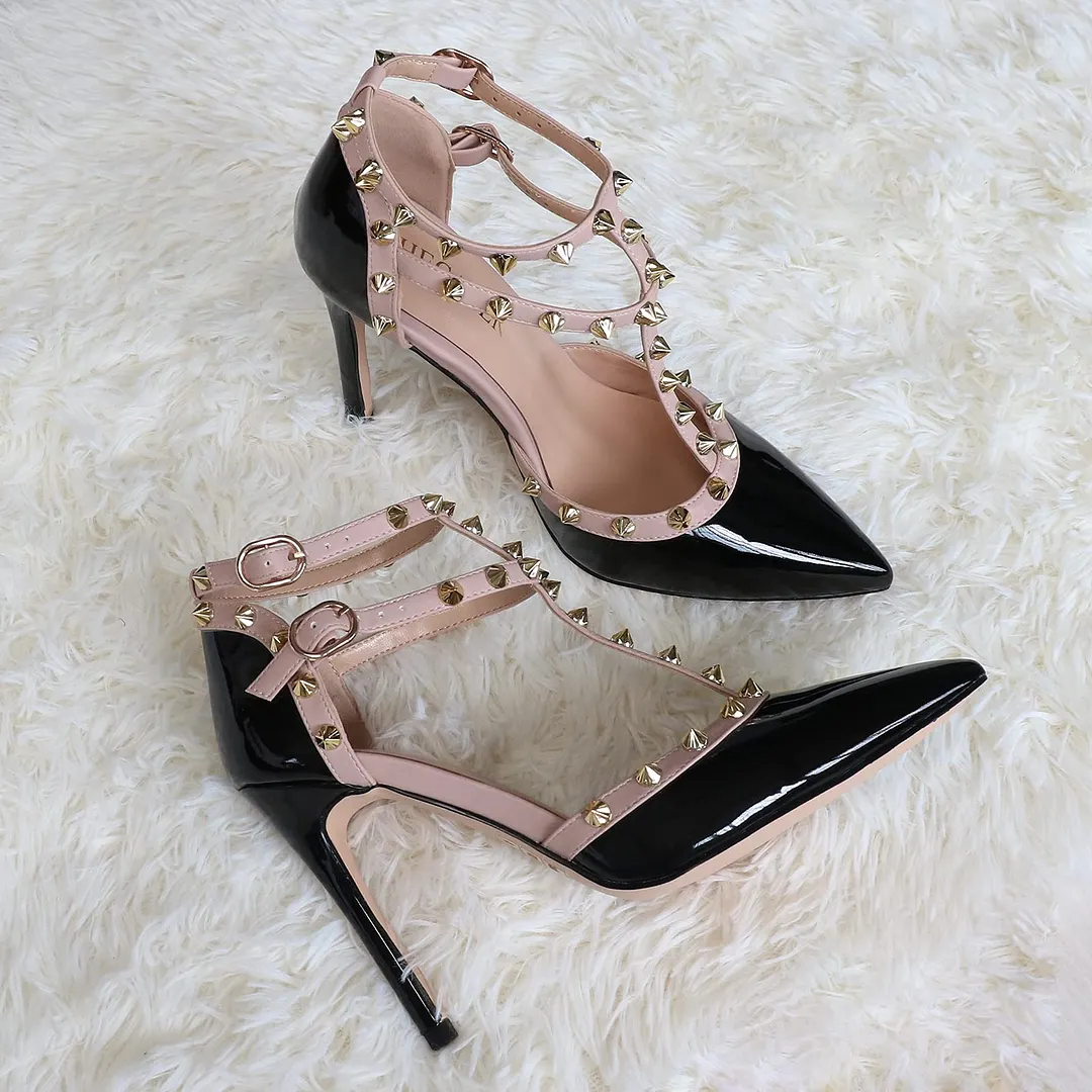 100mm Womens Pointed Toe Pumps Golden Point Rivets Ankle Strap Black Sandals-vocosishoes