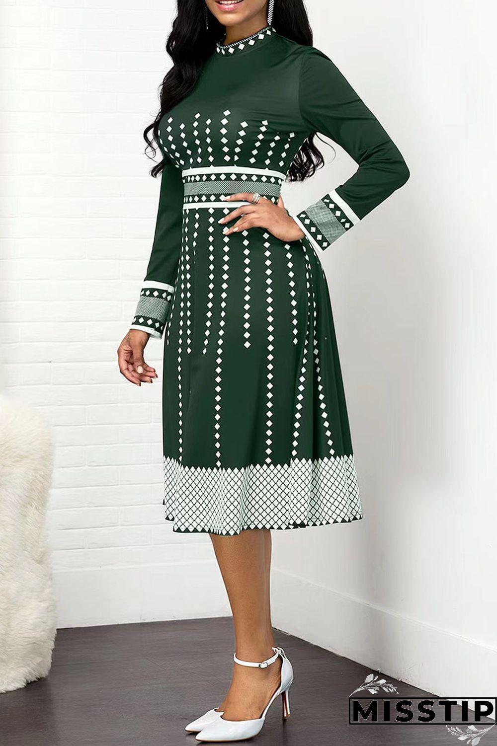 Olive Green Casual Print Polka Dot Patchwork O Neck A Line Dresses