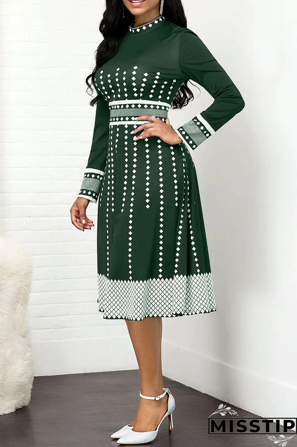 Olive Green Casual Print Polka Dot Patchwork O Neck A Line Dresses