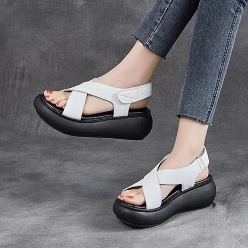 Tanguoant Summer NEW Women Sandals Genuine PU Leather Shoes High Heels Ladies Summer Sandals Retro Style Women Handmade Sandal Shoes