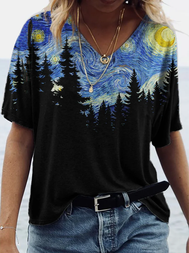 Starry Night Dark Forest Contrast T Shirt