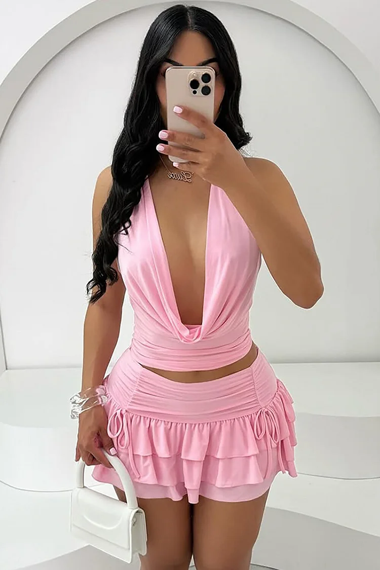 Cowl Neck Sleeveless Top Ruched Layered Ruffled Mini Skirt 2pcs Set-Pink