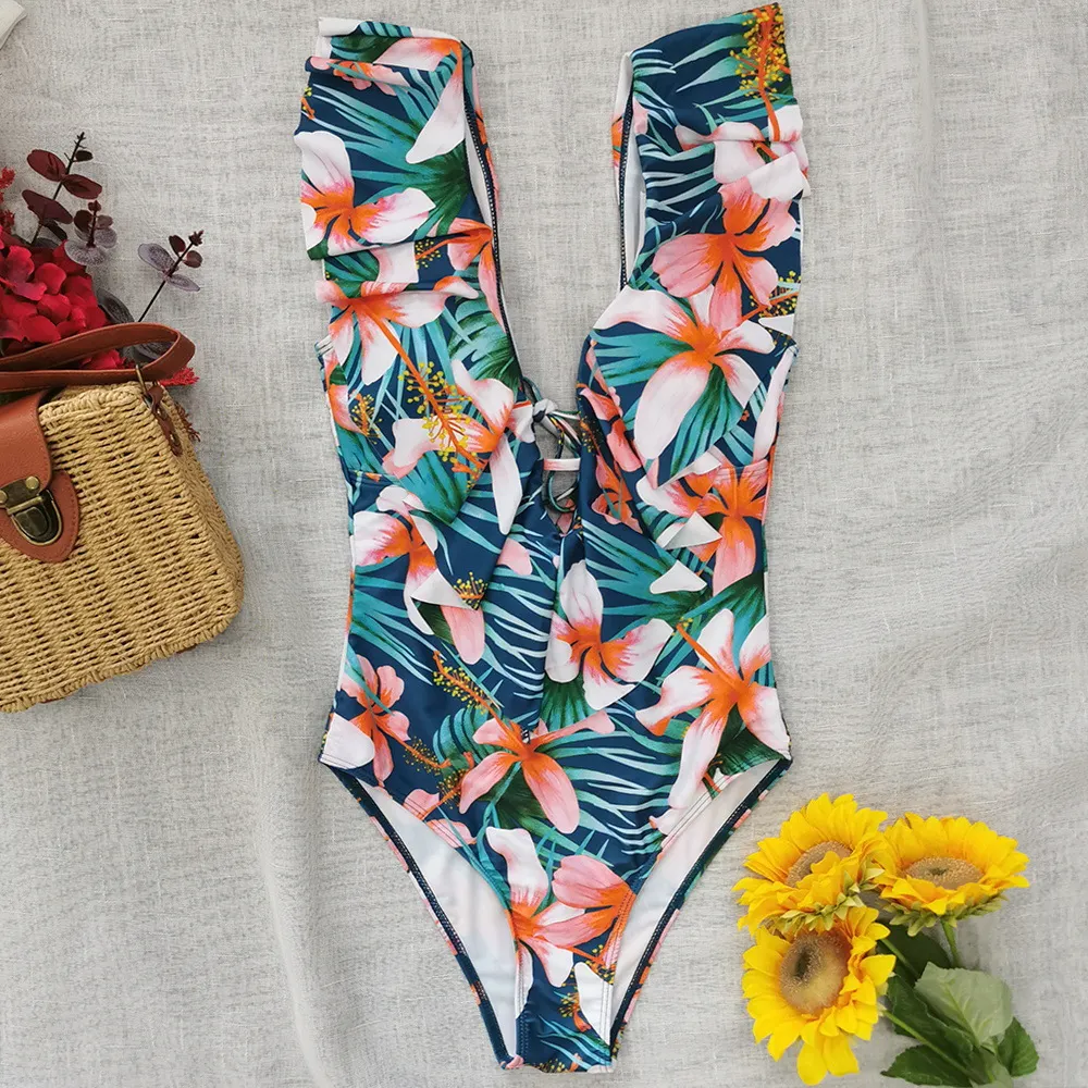 Brownm Printed Flowers Even Lotus Leaf Side Body Swimsuit Women 2025 New Swimsuit Bare Back