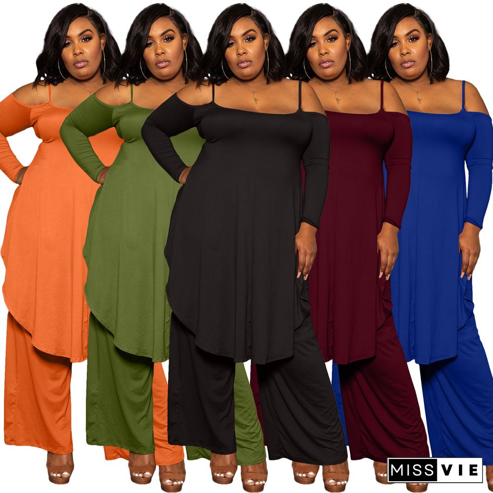 Plus Size Irregular Solid Casual Wide-leg Pants Suits