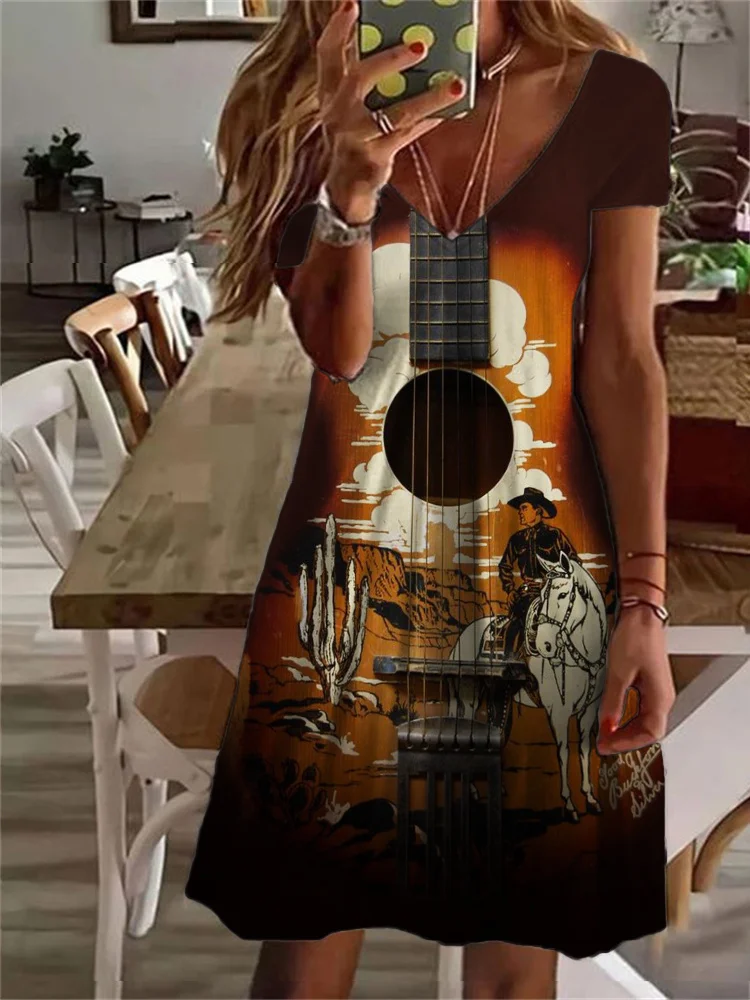 Vintage Western Guitar Inspired V Neck Midi Dress