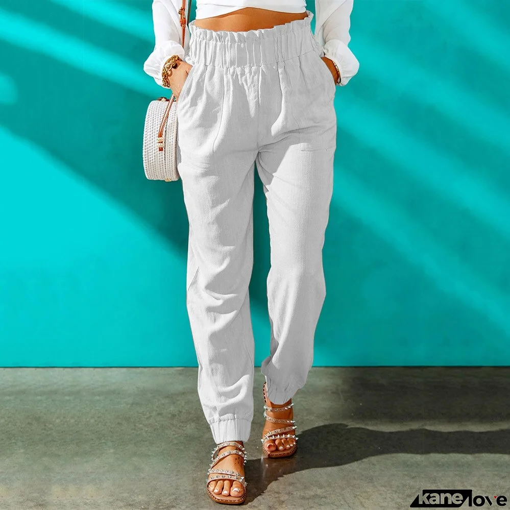 Women's Cotton Elastic Mid Waist Closure Plain Elegant Pants