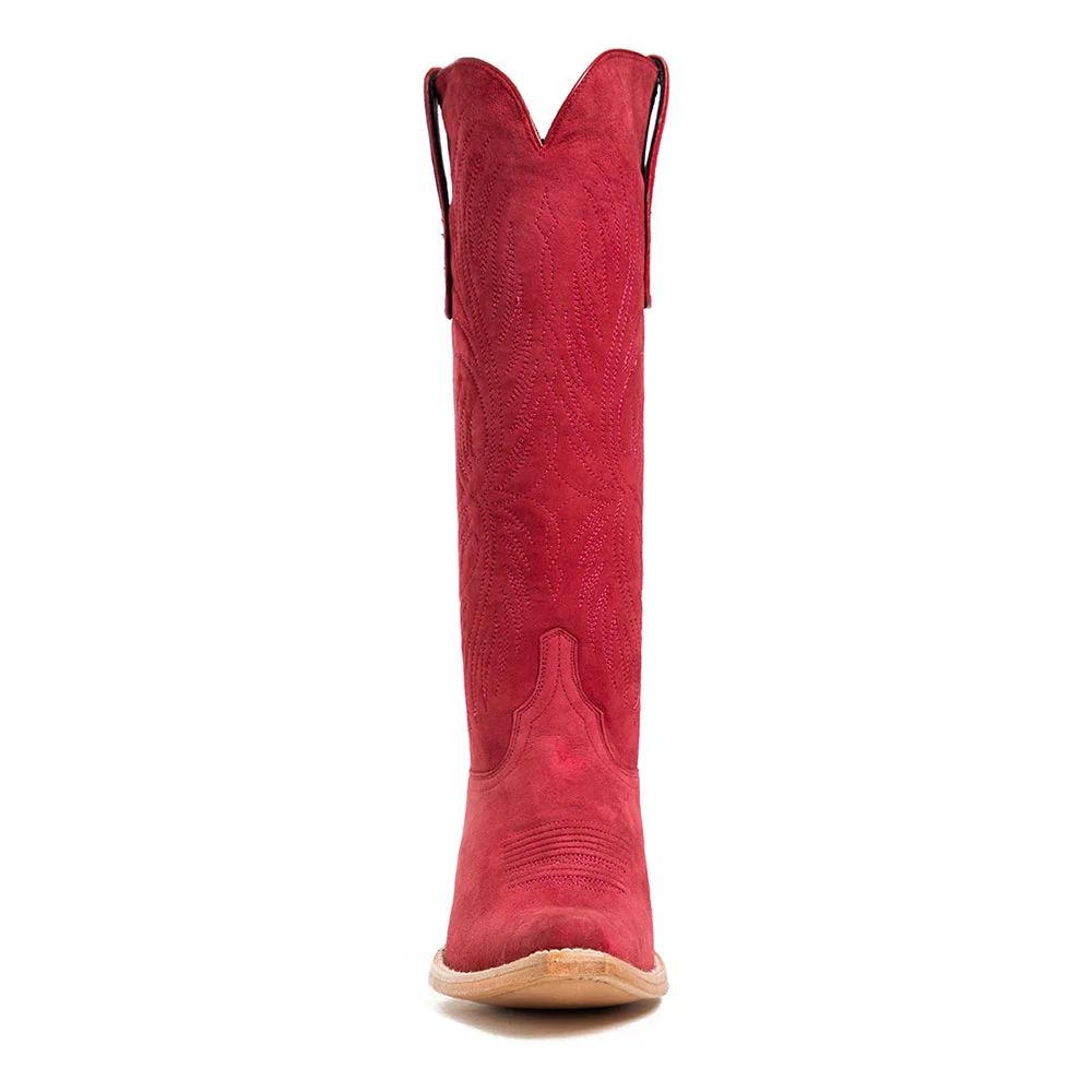 Red Vegan Suede Snip Toe Chunky Heel Stitching Cowgirl Boots