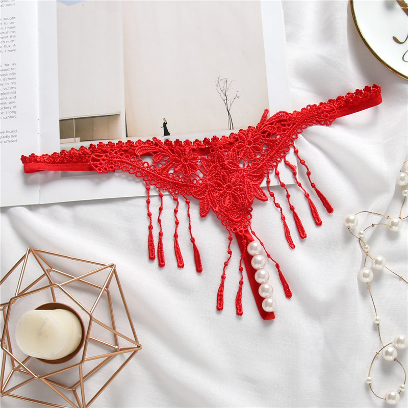 Lovingerie - Sexy Embroidered Tassel Pearl Open Crotch Thong
