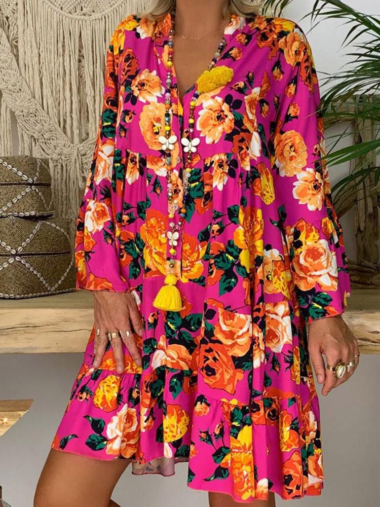 Women's V-Neck Casual Printed Loose Long Sleeve Dress-Pink-Mayoulove