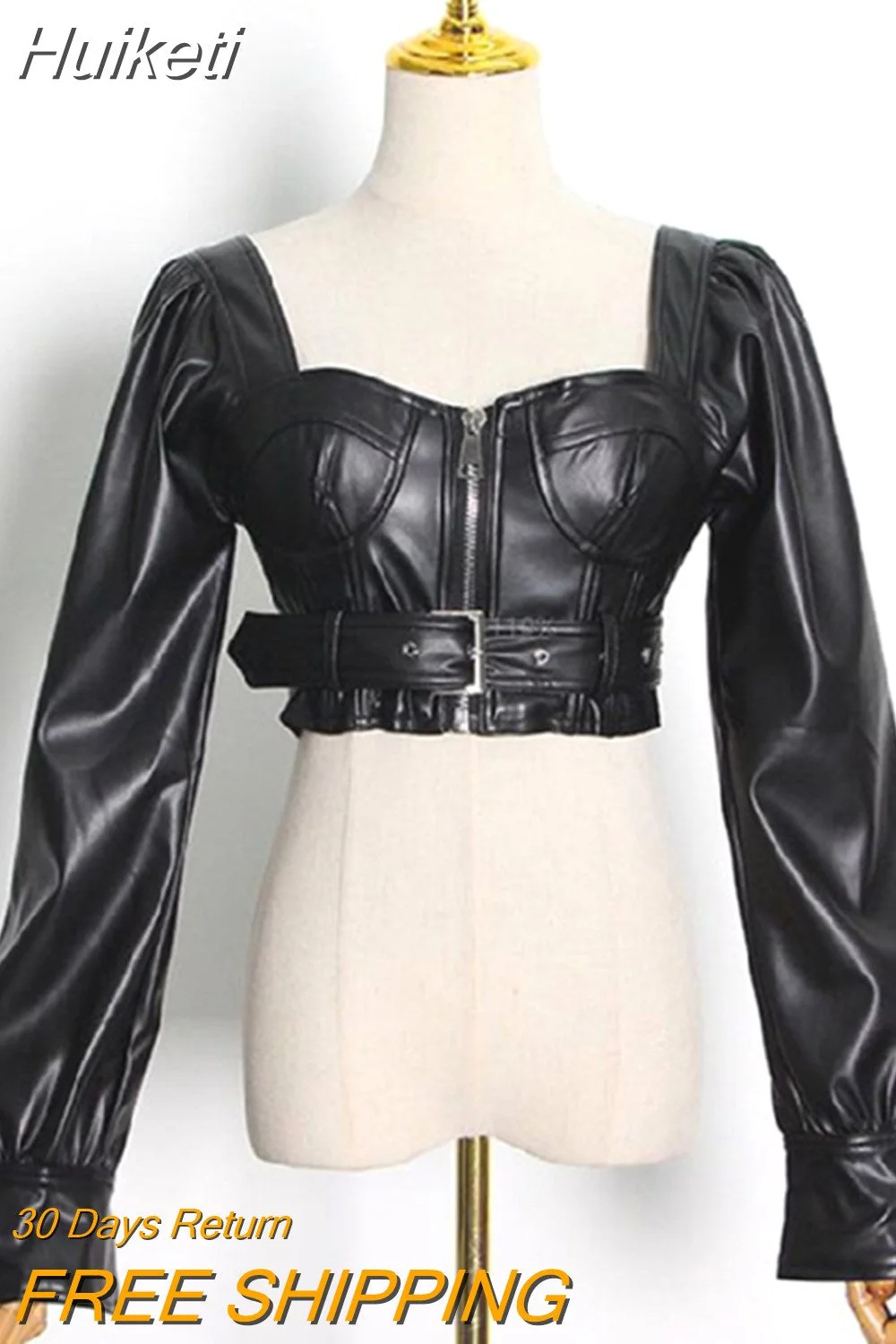 Huiketi Y2k Black Faux Leather Crop Top Women Square Neck Long Sleeve Zipper Cropped Jacket 2023 Sexy Backless Fashion 5xl 6xl