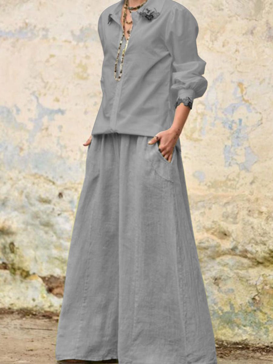 Lapel Long Sleeve Top With Loosen Pants Set