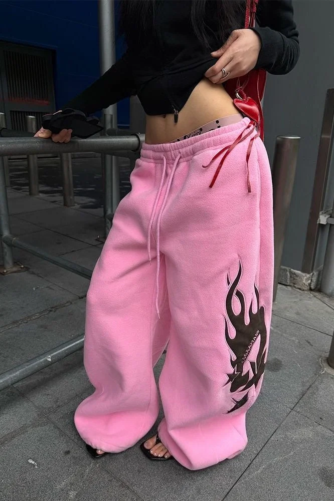 Flame Print Drawstring Wide-Leg Casual Pants