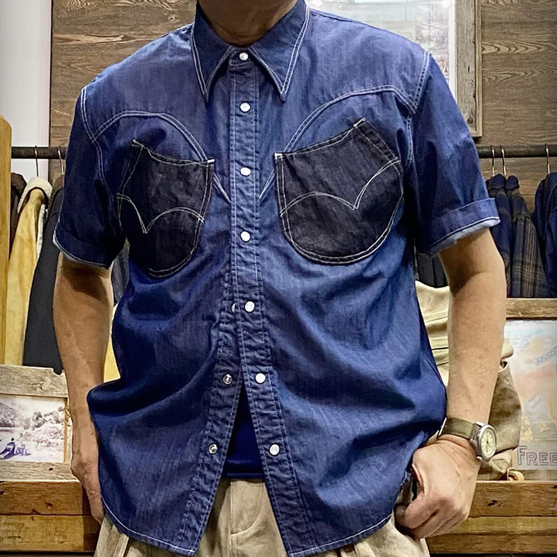 6OZ Indigo Contrast Horseshoe Pocket Short Sleeve Shirt