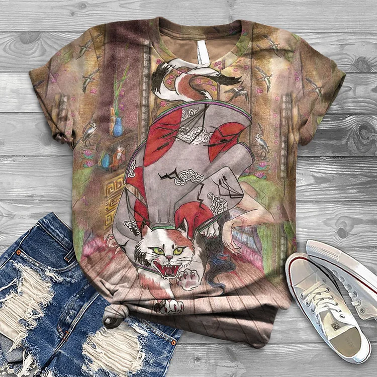 Retro Japanese Nekomata Print Short Sleeve T-shirt