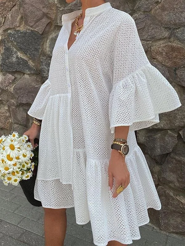 Stand collar women black/white irregular dress