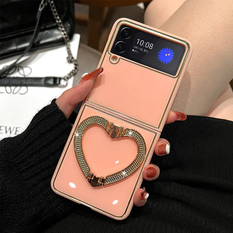 Suitable For Samsung Z flip3/4 Folding Heart Diamond Inlaid Mobile Phone Case
