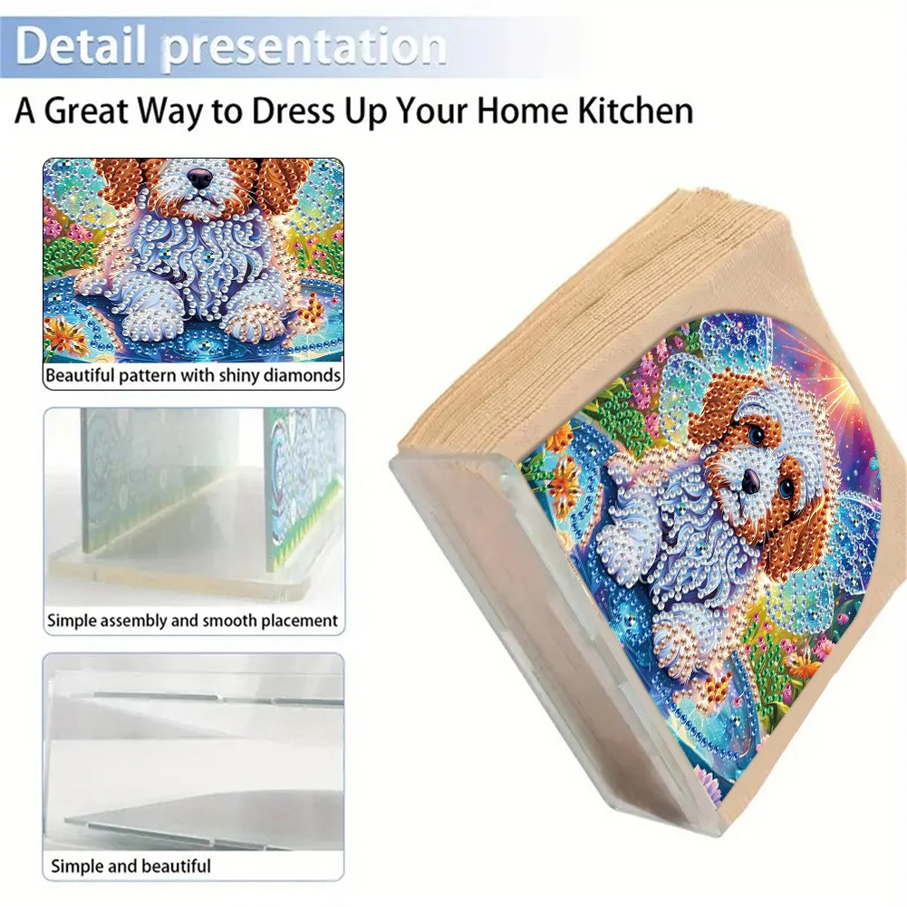5D DIY Acrylic Dog Diamond Art Painting Napkin Holder Set Home Decor