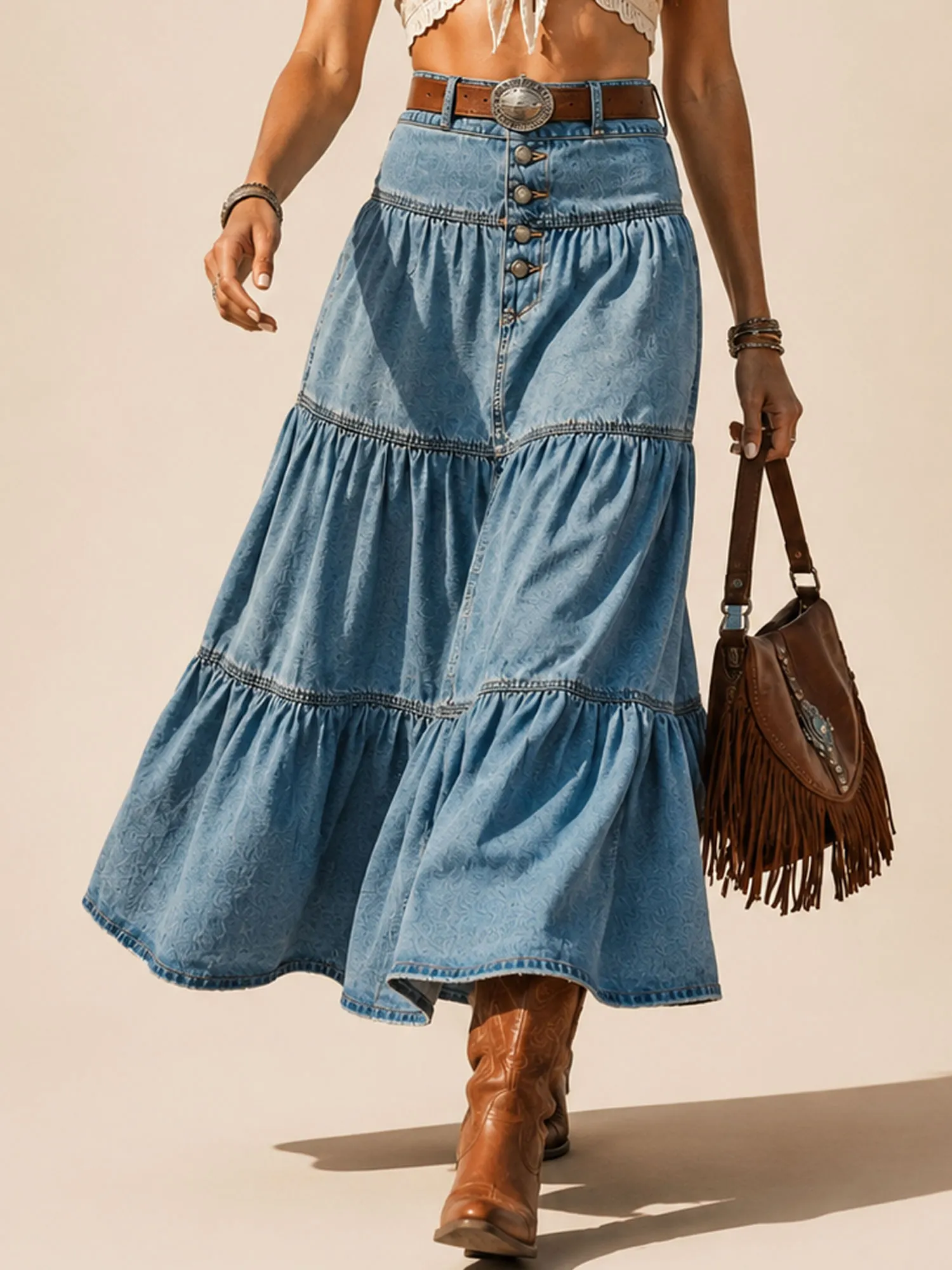 For Country Music Festivals &mdash; 2026 Spring Light Wash Floral Embossed Western Tiered Denim Maxi Skirt