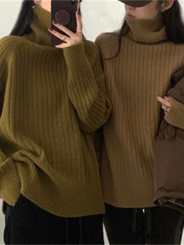 Casual Loose Long Sleeves Solid Color High-Neck Sweater Tops KHAKI-One_size