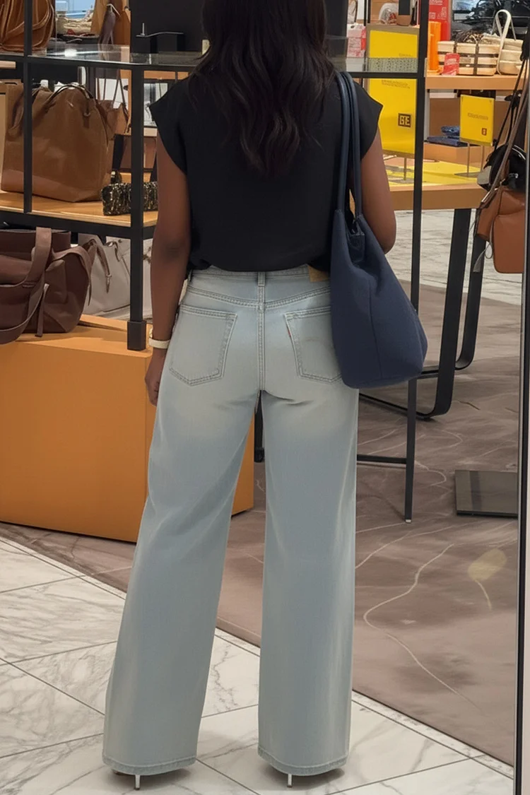 Plus Size Business Casual Blue Cut Out Casual Wide Leg Denim Jeans [Pre-Order]