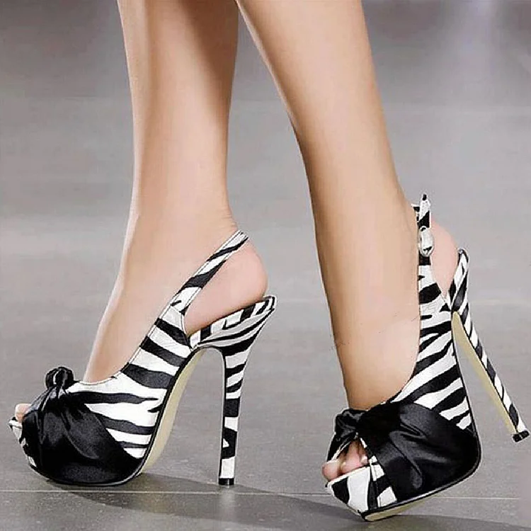 Black Zebra Peep Toe Stiletto Pumps with Bow Slingback Heels by Sorbern. Vdcoo