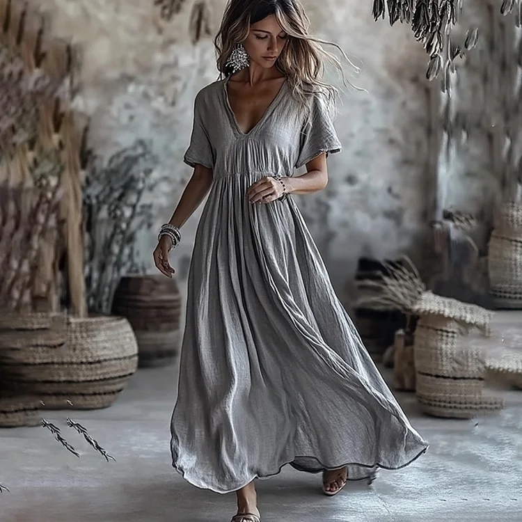 Vintage Solid Color V Neck Cotton Linen Maxi Dress