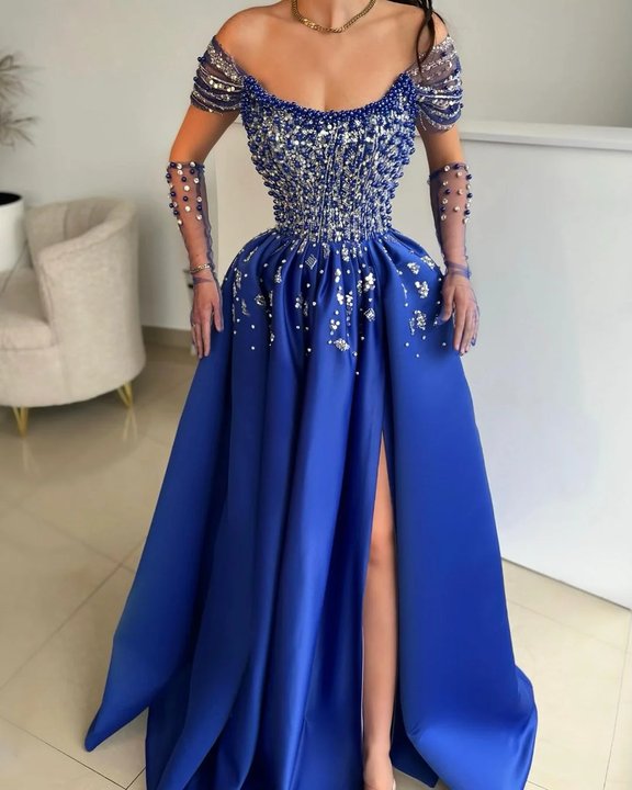 Lisliy Royal Blue Off-The-Shoulder Prom Dress With Beaded Bodice And High Split 