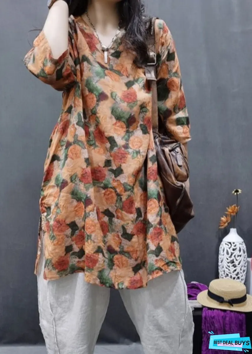 Women Yellow V Neck Side Open Shirt Summer
