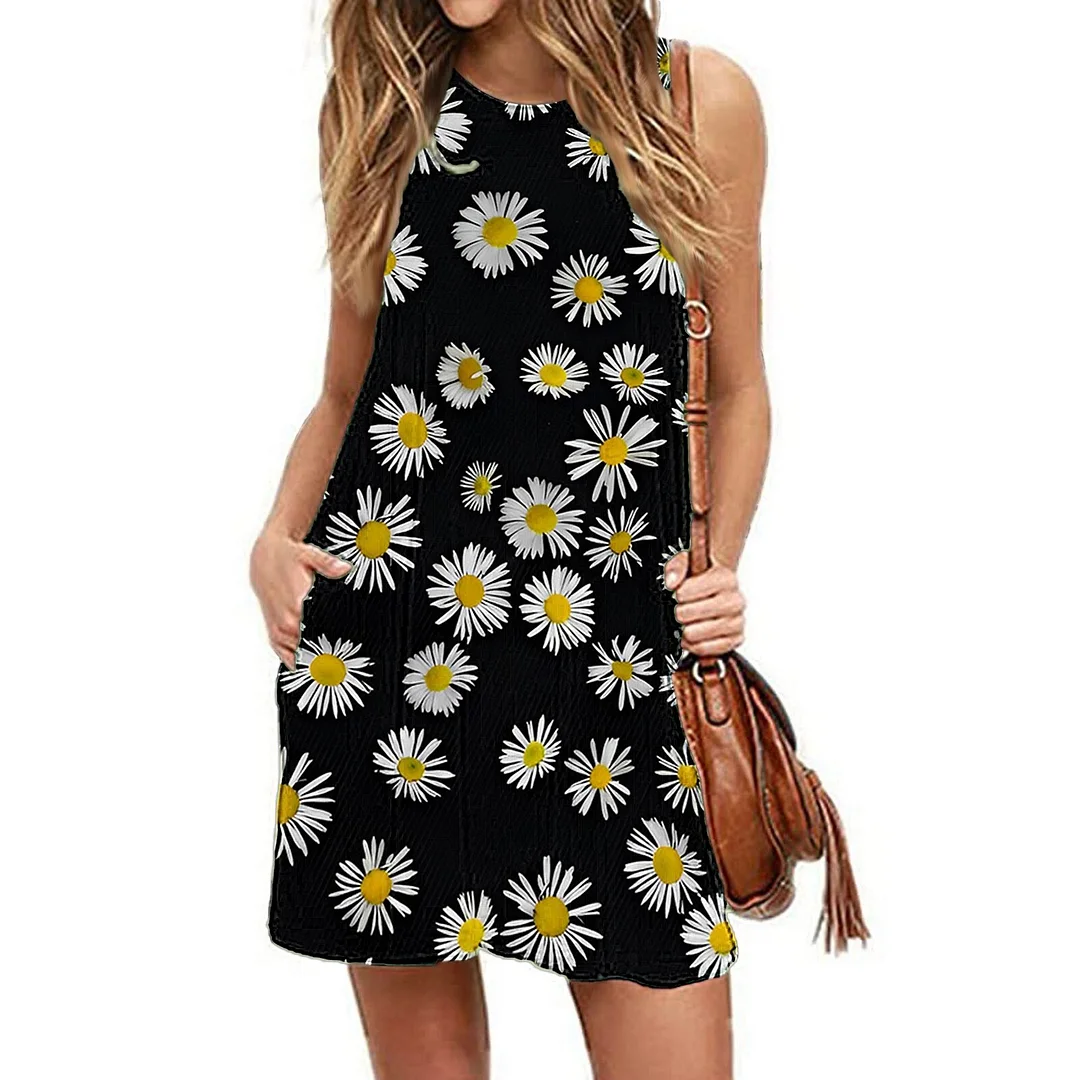2023 Summer Colorful Floral Printed Women Vest Dress Casual O-neck Sleeveless A-line Mini Dress Loose Sweet Party Beach Sundress