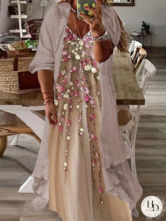 Plus Size Two Piece Dress Casual Dress Floral V Neck Maxi Dress Print Half Sleeve Fall Spring Dress Casual Daily Vacation Dress for Women