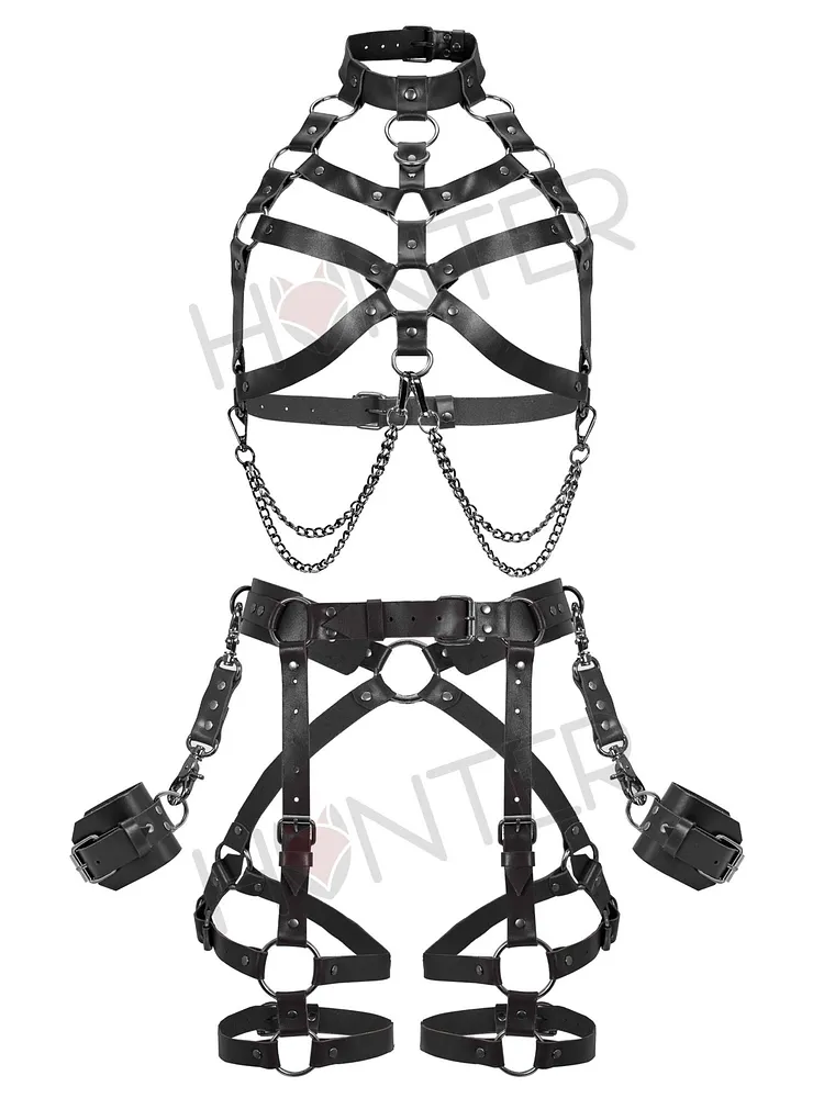 pornhint Pornhint Black Body Harness for Women, Chest Harness Leather, Thigh Harness and Cuffs, Leather Bondage Harness Set, Leather Garter Belt Custom Mature leather body harnesses for women