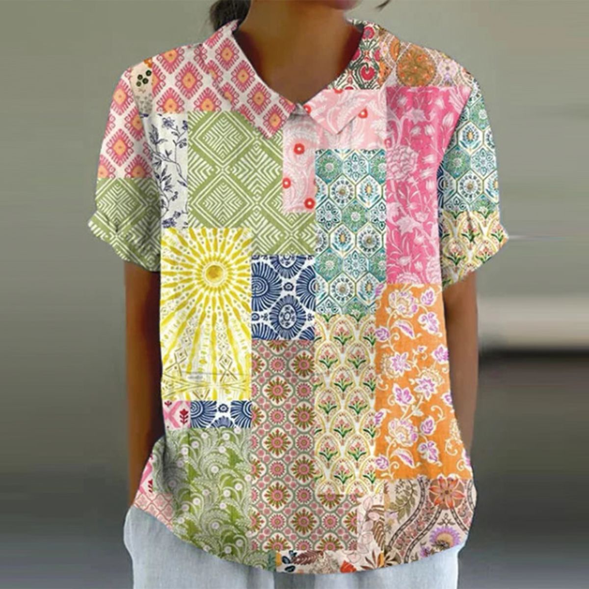 Showy Color Block Collared Short Sleeve Top