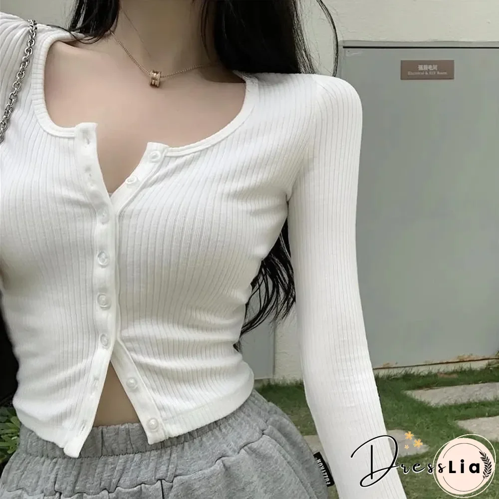 Fall New Sexy Slim Fit Cropped Cardigan For Women Fashion Single-breasted Knitted Sweater Ladies Button Long Sleeve Crop Tops