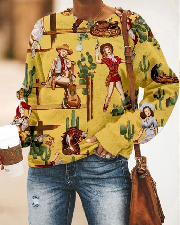 Vintage Western Cowgirl Casual Crew Neck Sweatshirt