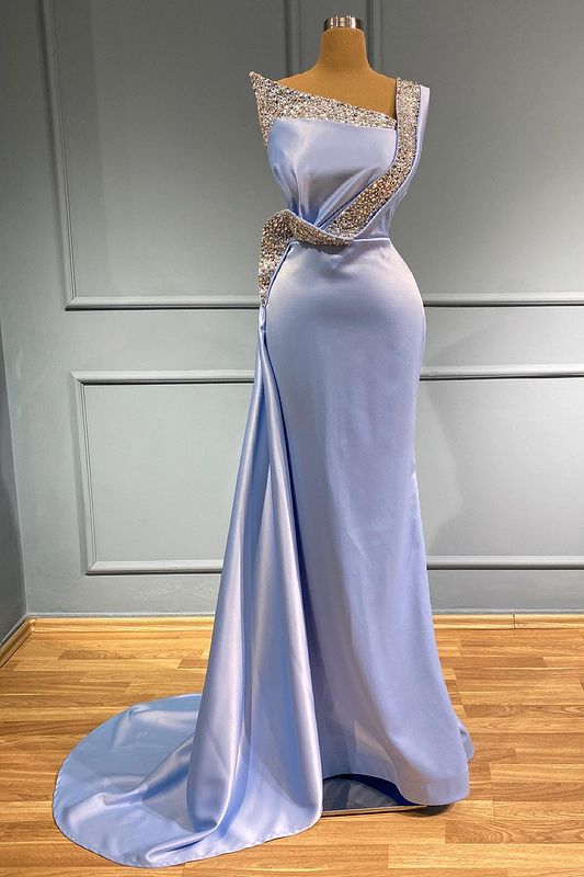 Oknass Light Blue One-Shoulder Sleeveless Mermaid Long Beads Prom Dress With Ruffles