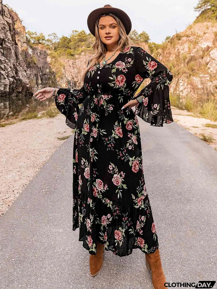 Plus Size Floral Flare Sleeve Dress