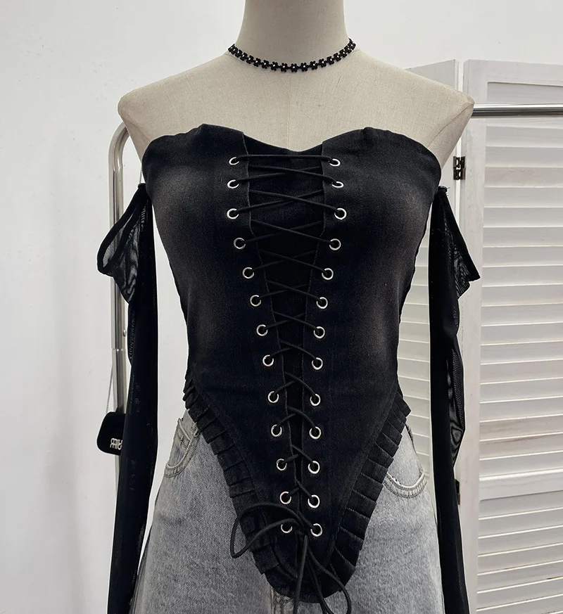 Nigikala Nigikala Sexy Tset Blouse Irregular Cowboy Splicing Mesh Yarn Tie With Short T-Shirt 6105