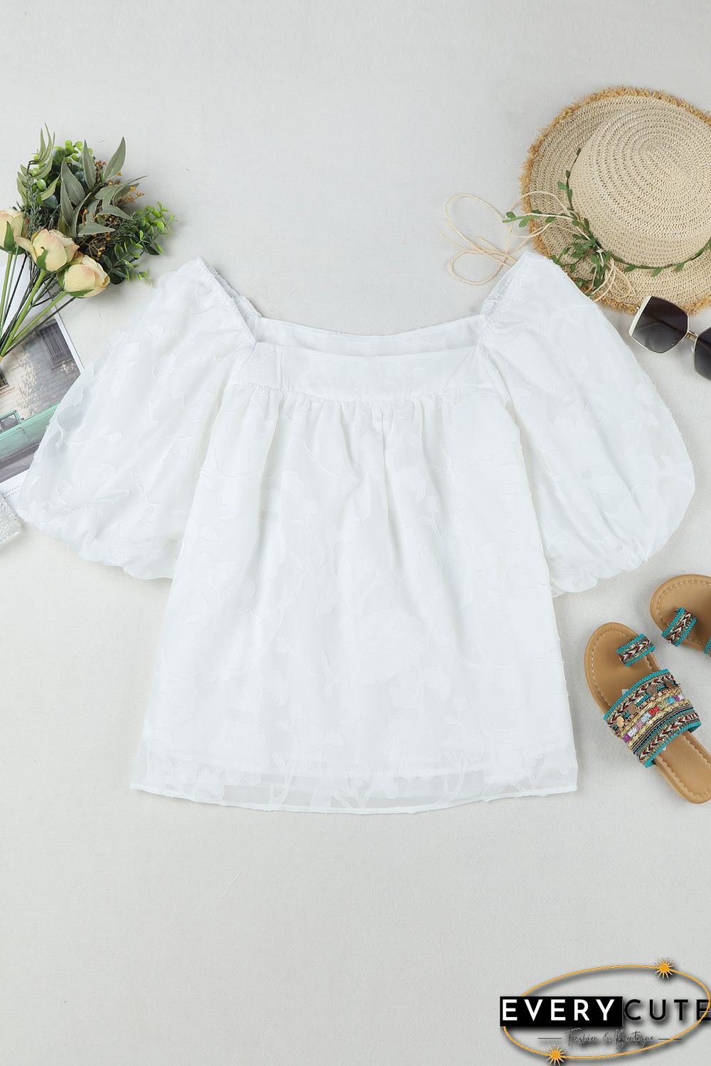 White Lush Printed Balloon Sleeve Ruched Chiffon Top