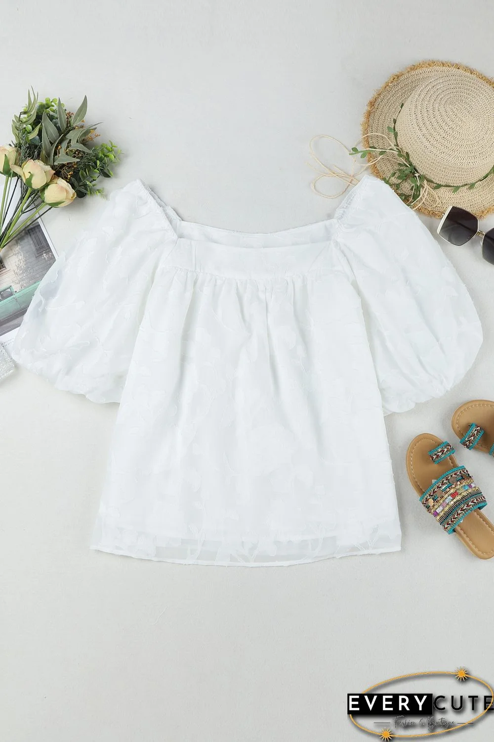 White Lush Printed Balloon Sleeve Ruched Chiffon Top