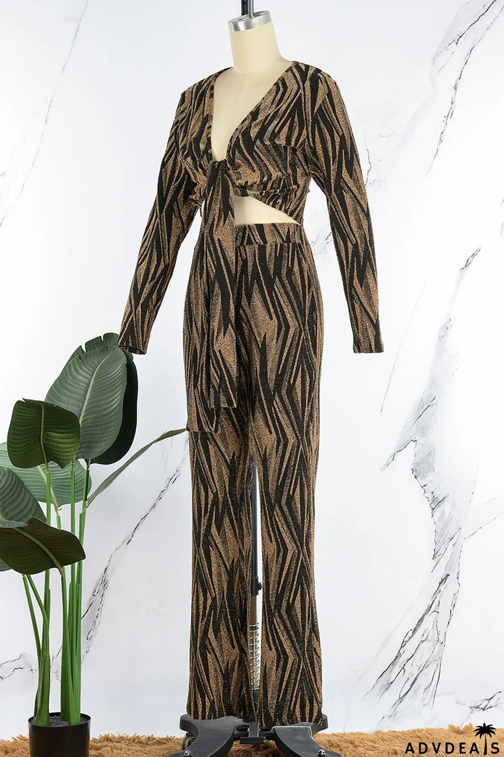 Black Sexy Print Bandage Patchwork V Neck Long Sleeve Two Pieces