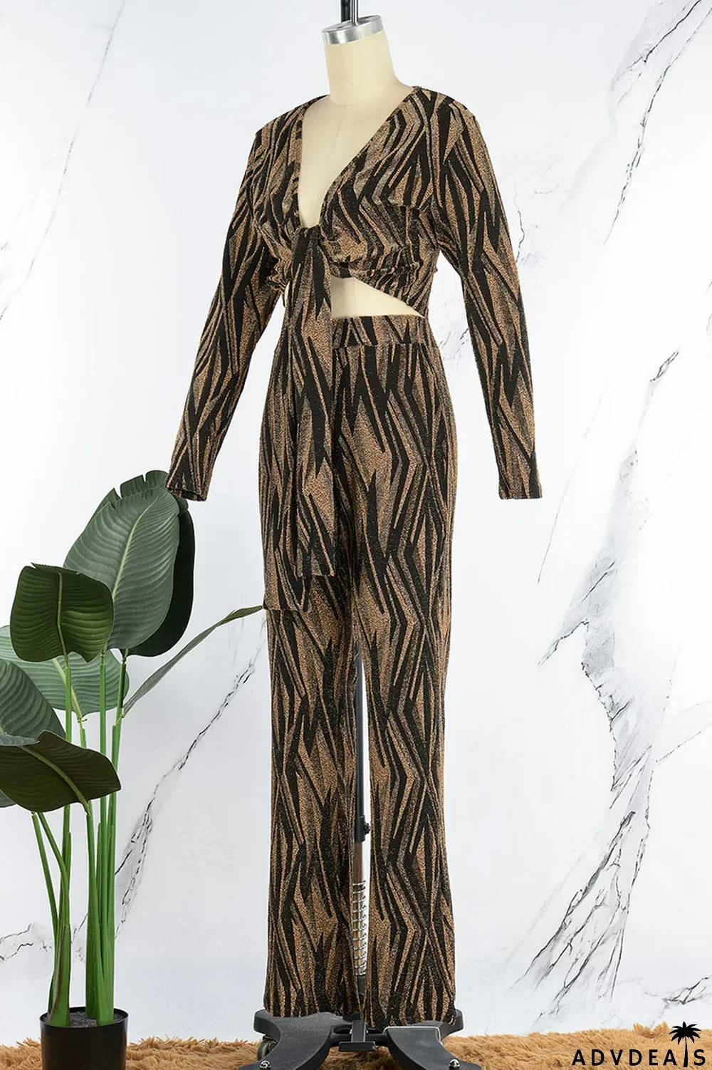 Black Sexy Print Bandage Patchwork V Neck Long Sleeve Two Pieces