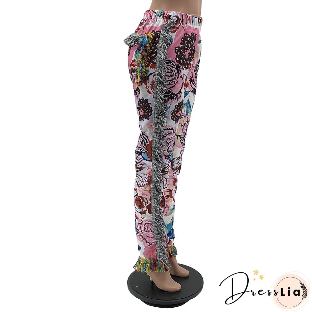 Side Tassels Patchwork Elastic Waist Women Print Jogger Pant