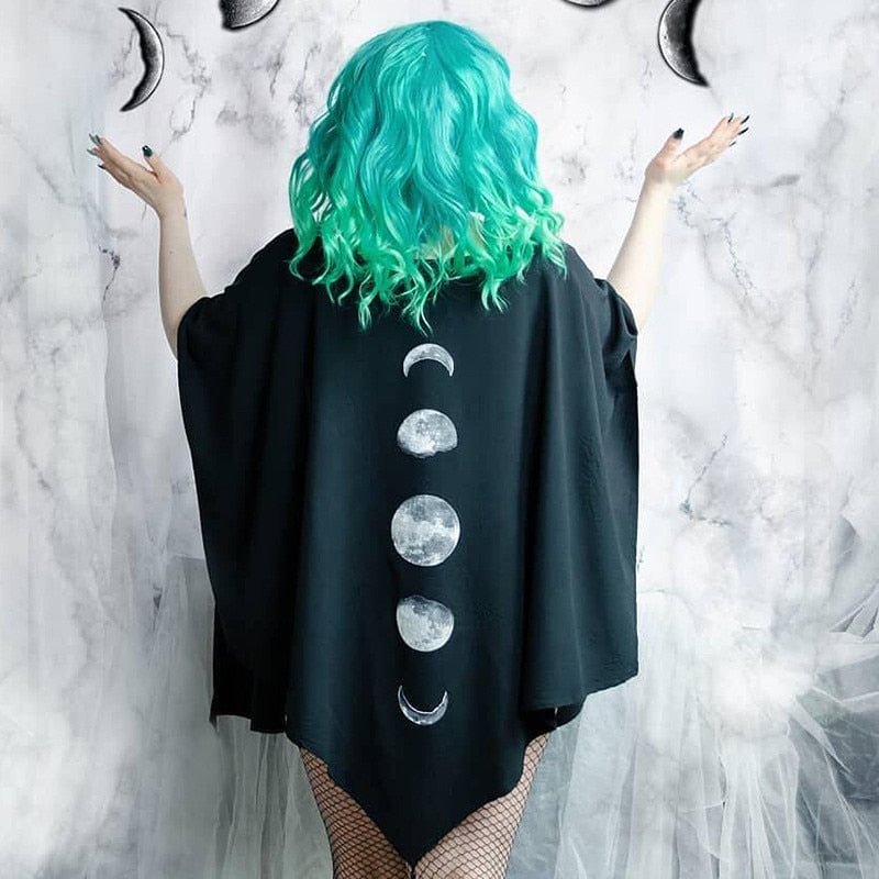 Umeko Gothic Moon Phase Black Cloak for Women Fall Winter Geometric Y2k Graphic Goth Outwear Oversized Irregular Ponchos Ladies