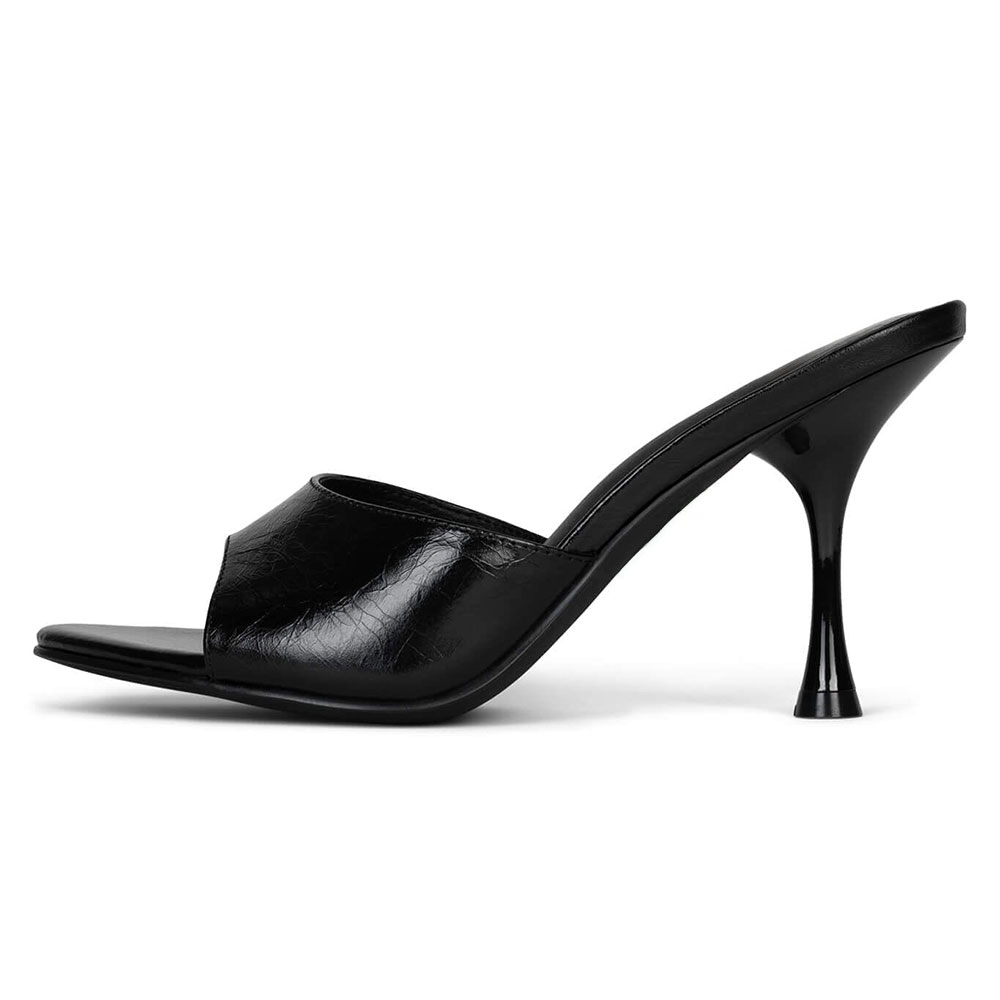 Black Round Toe 3'' Stiletto Heel Wide Band Mules Nicepairs
